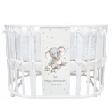 INDIGO Кровать детская Baby Sleep 7в1 (круг/овал, манеж, 2 кресла, стол) массив березы, МДФ, ПВХ (белый Слоник)