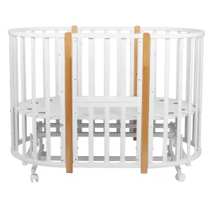 INDIGO Кровать детская Born 7в1 с поперечным маятником (круг/овал, манеж, 2 кресла, стол) массив (белый-натуральный NEW) INDIGO Кровать детская Born 7в1 с поперечным маятником (круг/овал, манеж, 2 кресла, стол) массив (белый-натуральный NEW)